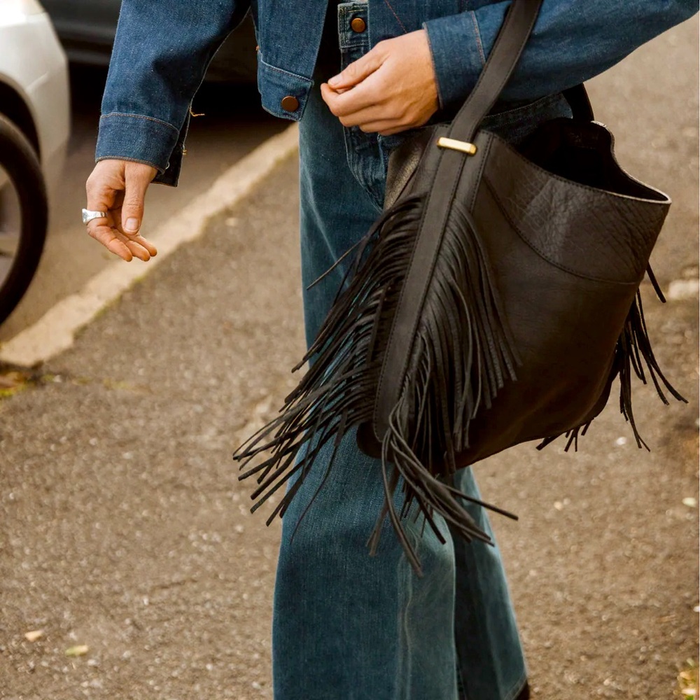 Range Revolution Fringed Black Leather Tote Bag
